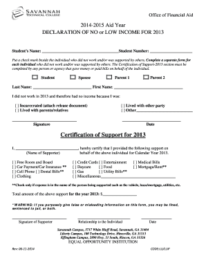 Declaration of No or Low Income for 2013