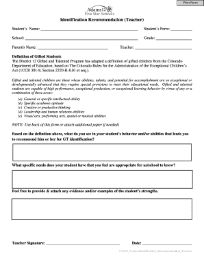 Teacher Gifted Student Identification Recommendation Form
