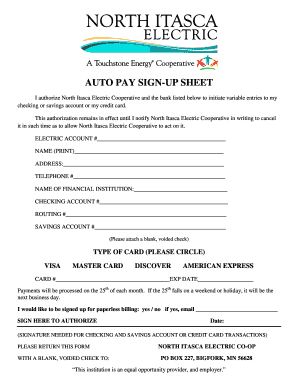 Auto Pay Sign-Up Sheet