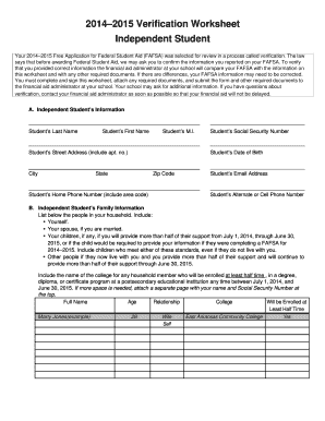 2014–2015 Verification Worksheet for Independent Students