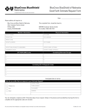 BlueCross BlueShield of Nebraska Good Faith Estimate Request Form