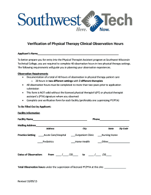 Fillable Online swtc Verification of Physical Therapy Clinical Observation Hours Applicants Name ...