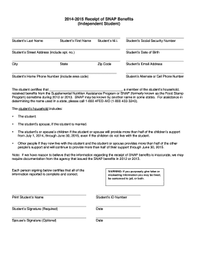 2014-2015 SNAP Benefits Receipt Form