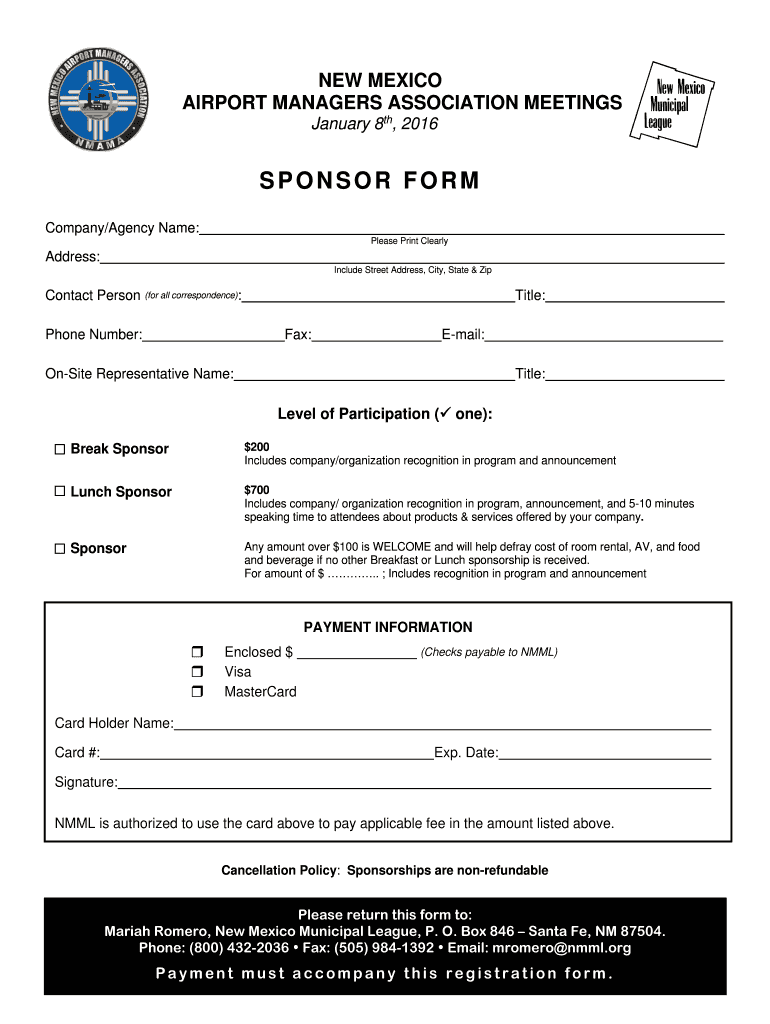 Fillable Online nmml Sponsor Form Fax Email Print pdfFiller
