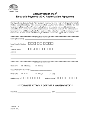 Gateway Health Plan ACH Authorization Agreement