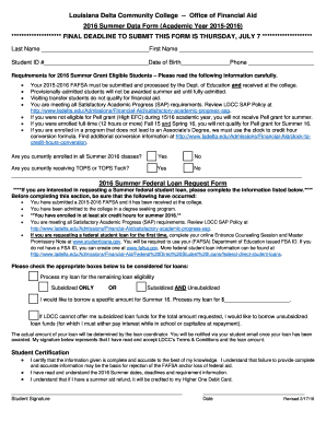 Louisiana Delta Community College 2016 Summer Financial Aid Form