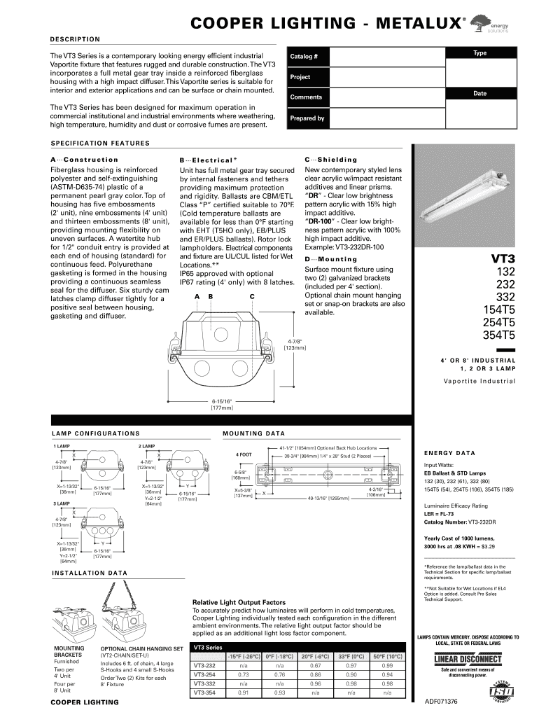 Fillable Online COOPER LIGHTING METALUX DESCRIPTION The VT3 Series is a