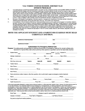 Val Verde K-8 Sports Program Waiver and Authorization
