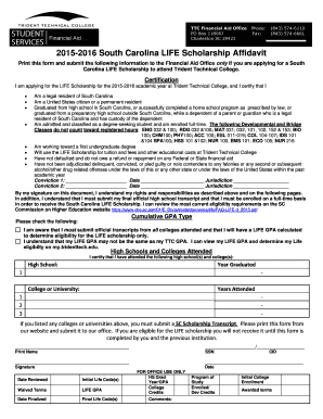 South Carolina LIFE Scholarship Affidavit