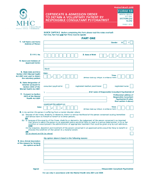 Mental Health Certificate and Admission Order Form 13