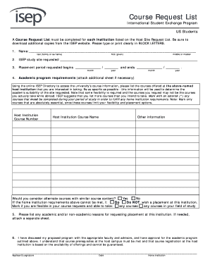 Course Request List for International Student Exchange