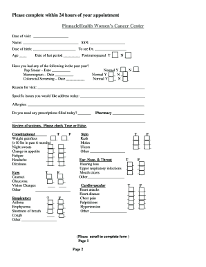 PinnacleHealth Women's Cancer Center Patient Intake Form