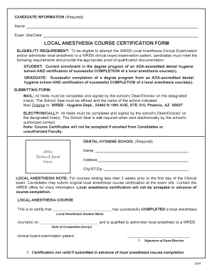 Local Anesthesia Certification Form
