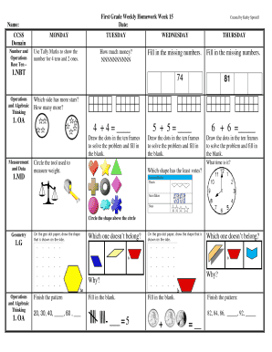 First Grade Weekly Homework Week 15