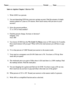 Intro to Algebra Chapter 3 Review Worksheet
