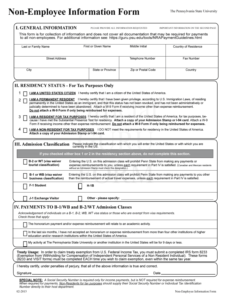 Fillable Online studentaffairs psu NonEmployee Information Form Non