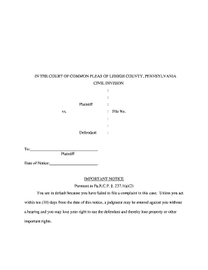 Pennsylvania Default Judgment Notice