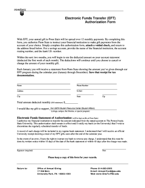 Penn State Electronic Funds Transfer Authorization Form