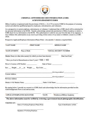 Criminal Offender Record Information (CORI) Acknowledgement Form