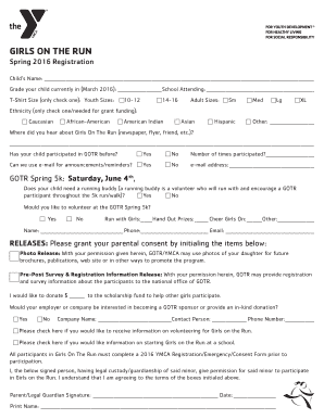 Girls On The Run Spring 2016 Registration Form