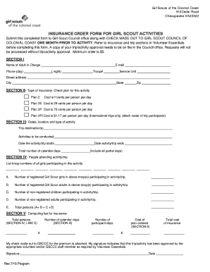 Girl Scouts Insurance Order Form