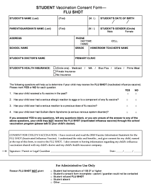 Student Flu Shot Vaccination Consent Form