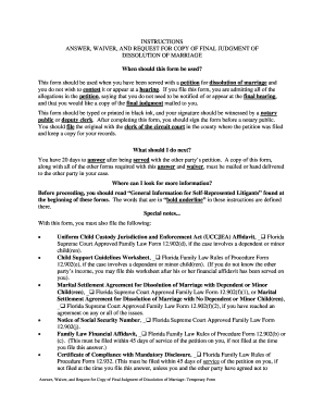 Florida Answer Waiver Request for Final Judgment of Dissolution of Marriage