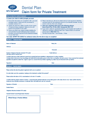 Dental Plan Private Treatment Claim Form