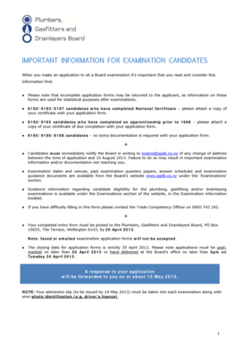 Plumbers, Gasfitters and Drainlayers Board Examination Application