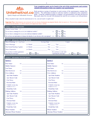 British Columbia Divorce Questionnaire