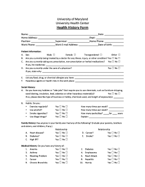 University of Maryland Health History Form