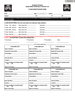 Gospel Music Workshop Class Registration Form