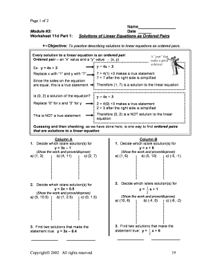 Worksheet 11d Part 1: Solutions of Linear Equations as Ordered Pairs