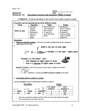 Worksheet 11b: Describing Functions with Equations, Tables & Graphs