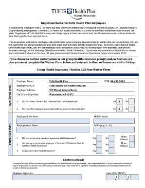 Tufts Health Plan Section 125 Cafeteria Plan Waiver Form