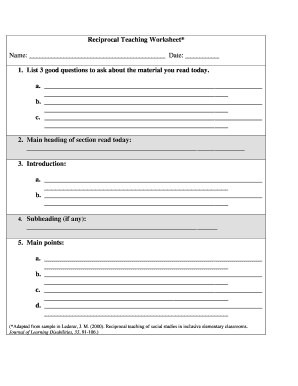 Reciprocal Teaching Worksheet