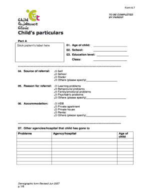 Child Demographic Form 6.7
