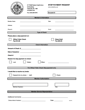 NY Team Federal Credit Union Stop Payment Request