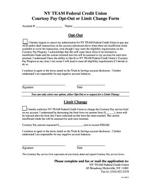 NY TEAM Federal Credit Union Courtesy Pay Opt-Out or Limit Change Form