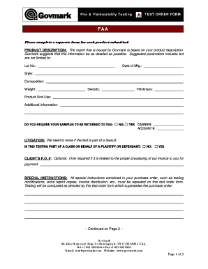 Govmark Fire & Flammability Testing Test Order Form
