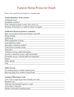 Funeral Service Cost Comparison Form