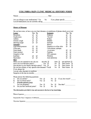Columbia Skin Clinic Medical History Form