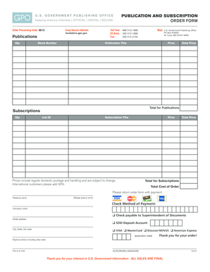 US Government Publications and Subscriptions Order Form