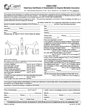 Veterinary Certificate of Examination for Equine Mortality Insurance