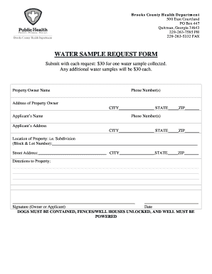 Brooks Water Sample Request - South Health District