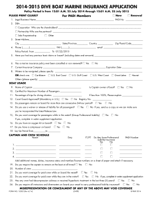 PADI-endorsed Dive Boat Insurance Application