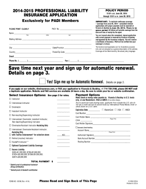PADI-Endorsed Professional Liability Insurance Application