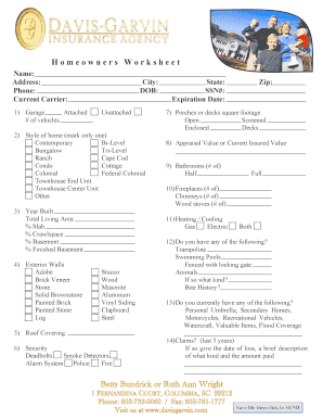 Homeowners Worksheet