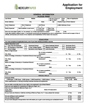 Mercury Paper Inc. Application for Employment