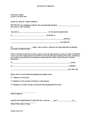 Affidavit of Service for Unpaid Check